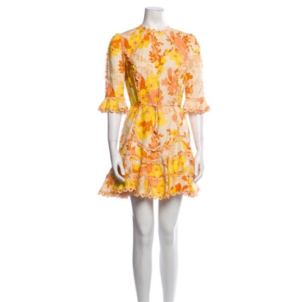 Zimmermann Primrose Flutter‎ Floral Print Linen Blend Dress Mini Size 2